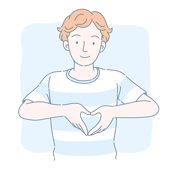 Cute Man Curly Hair Giving Heart Shape Hand Gesture Thin — Stock Vector