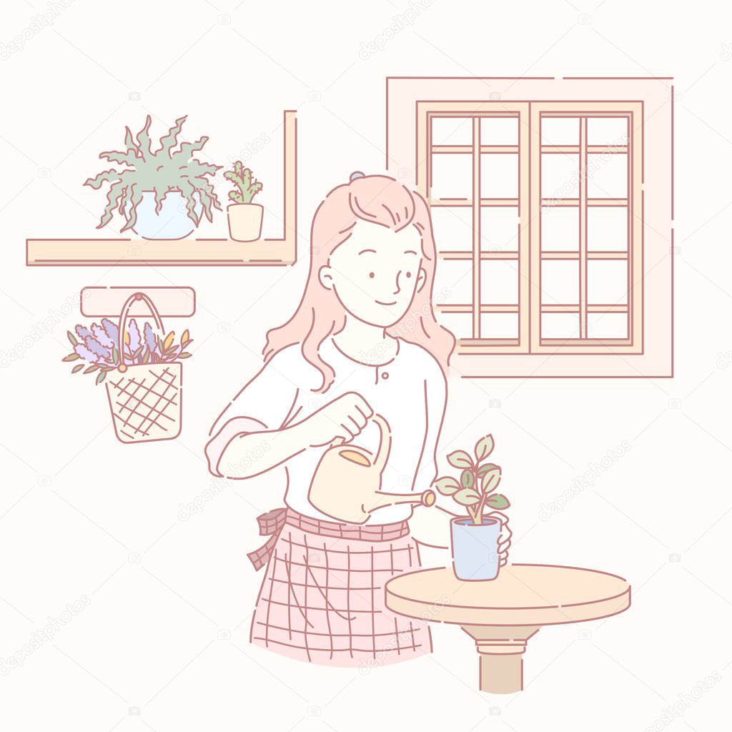 Woman watering a little pot plant in hand drawn line style, all kinds of food ingredients