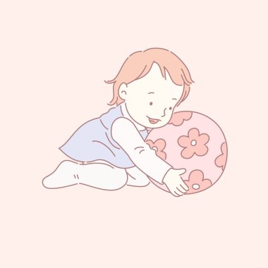 Çizgi stili kauçuk top oynarken şirin bebek