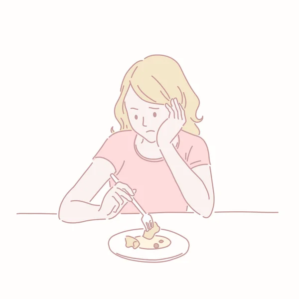 Mujer Ansiosa Con Comida Línea Estilo — Vector de stock