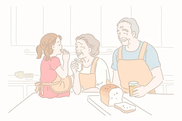 Бабушка Ребенок Едят Тосты Кухне Линейном Стиле — стоковый вектор