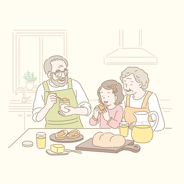 Grootouders Kid Jam Eten Brood Met Hand Getekende Lijnstijl — Stockvector