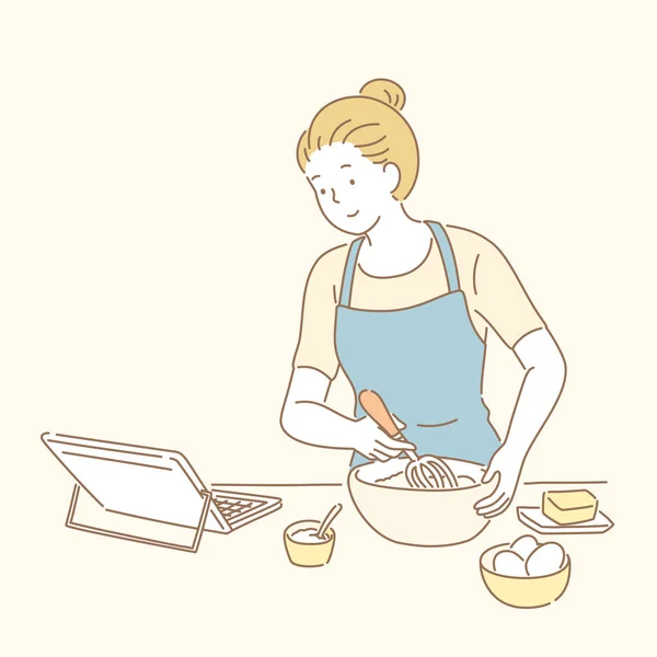 Lady Néztem Online Recept Így Desszert Kezében Húzott Vonal Stílusának — Stock Vector