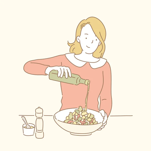 Lady Maken Haar Salade Voegt Olijfolie Lijnstijl — Stockvector