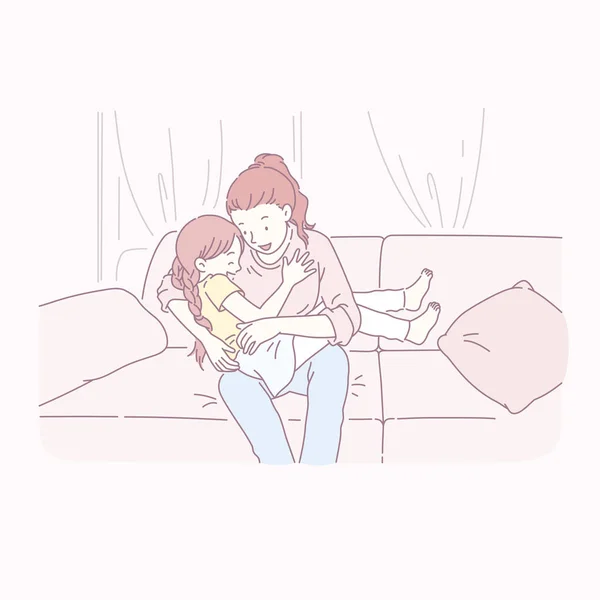 妈妈和女儿在沙发上玩的线条风格 — 图库矢量图片