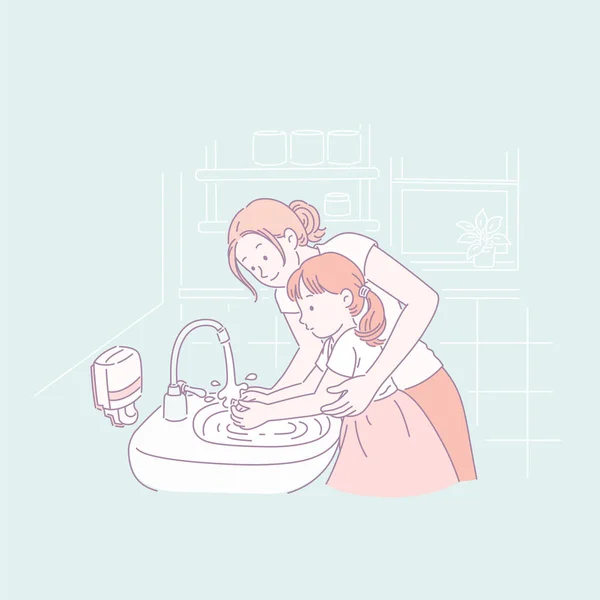 Mom Teaching Her Daughter How Wash Hands Line Style — Stock Vector