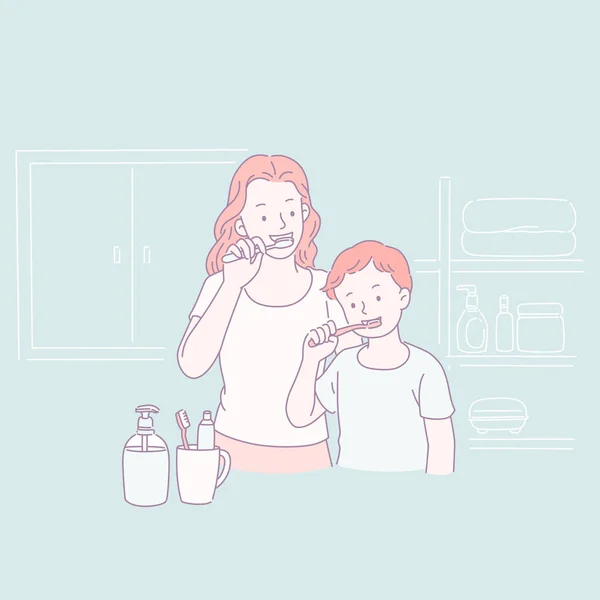 Mamá Hijo Cepillándose Los Dientes Juntos Estilo Línea — Vector de stock