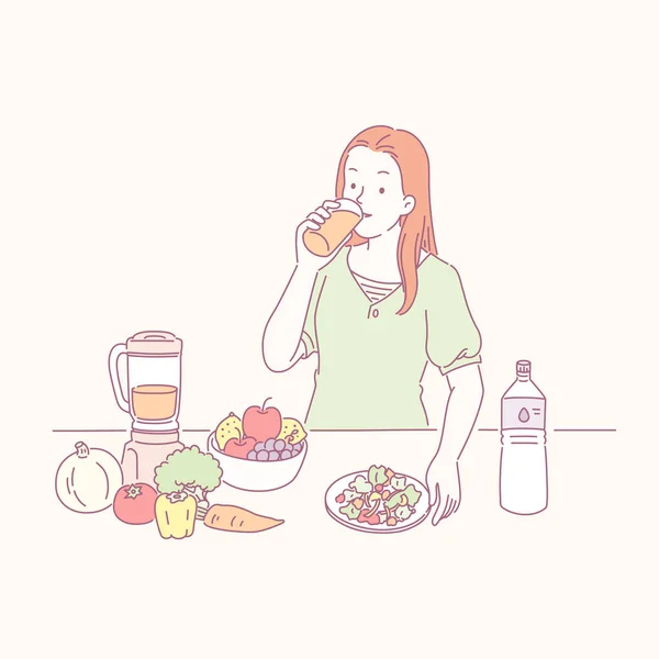女士喝健康的果汁和蔬菜在桌子上的线样式 — 图库矢量图片
