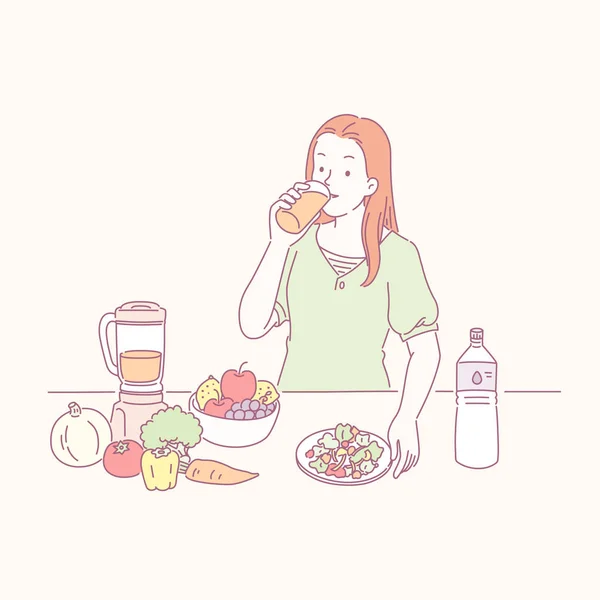 Señora Bebiendo Jugo Saludable Verduras Mesa Estilo Línea — Vector de stock