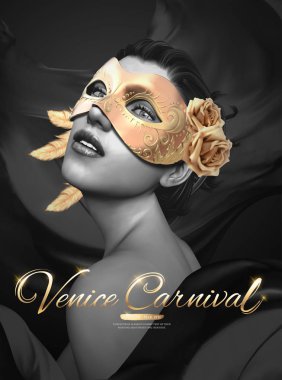 Venedik Karnavalı poster altın maske ve siyah kumaş 3d resimde giyen güzel kadınla