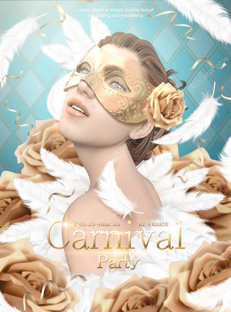 Venice Carnival poster with beautiful woman wearing golden mask and white feathers in 3d illustration
