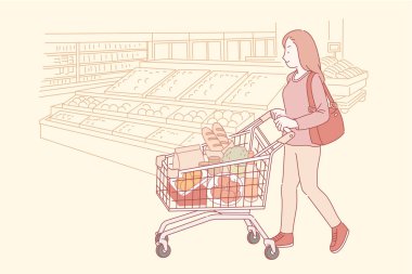 Çizgi stili pazar arabası ile süpermarkette alışveriş kadın