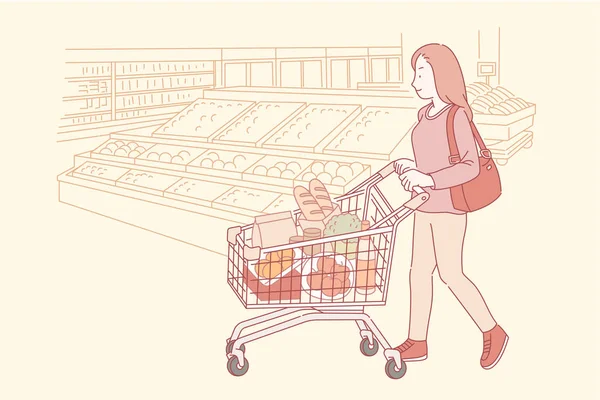 Mujer Compras Supermercado Con Carrito Mercado Estilo Línea — Archivo Imágenes Vectoriales