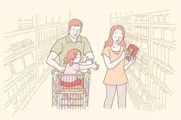 Los Padres Sus Hijos Compras Supermercado Estilo Línea — Archivo Imágenes Vectoriales