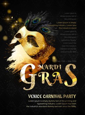 Mardi gras karnaval parti 3d resimde altın maske ve tavus kuşu tüyleri ile