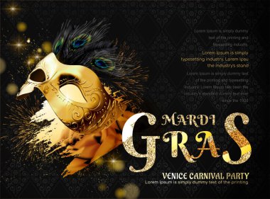 Mardi gras karnaval parti 3d resimde altın maske ve tavus kuşu tüyleri ile