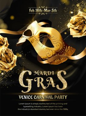 Mardi gras karnaval parti altın maske ve 3d çizim içinde gül ile