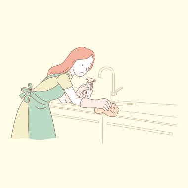 Mutfak Tezgah çizgi stili çizimde temizlik kadın