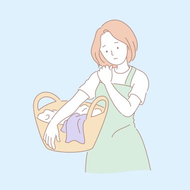 Çamaşırhane yapıyor ve çizgi stili çizimde omuz ağrısı acı kadın