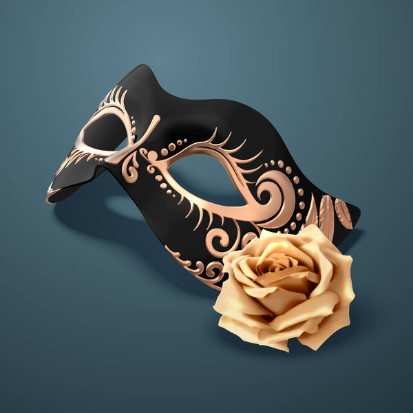 Embossed black mask with golden rose on peacock blue in 3d illustration