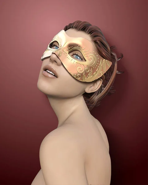 Beautiful Woman Wearing Golden Mask Masquerade Illustration — Stock Vector