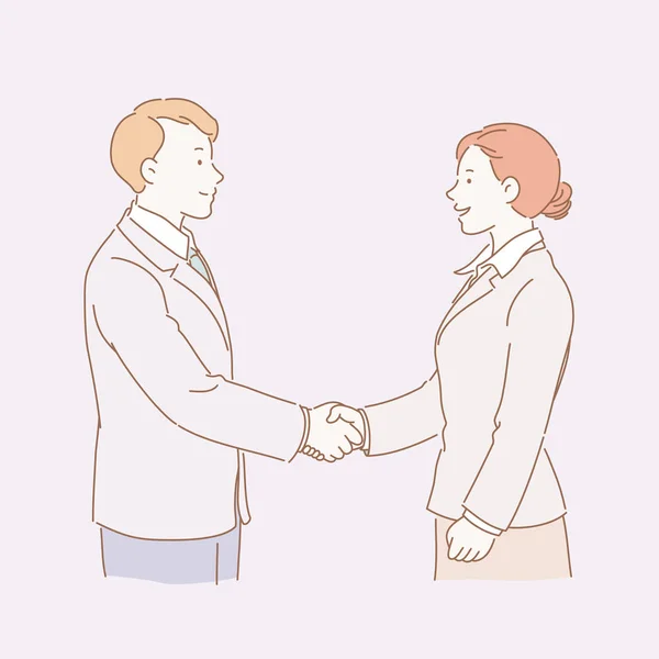 Business Woman Man Shaking Hands Line Style Illustration — Stock Vector
