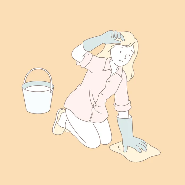 Mujer Limpiando Piso Línea Estilo Ilustración — Archivo Imágenes Vectoriales