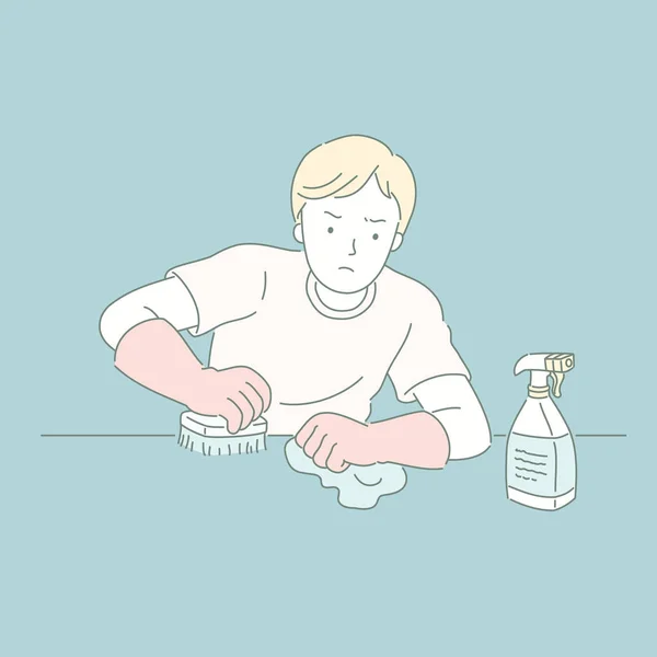 Man Torka Bordet Med Cleanser Linje Stil Illustration — Stock vektor