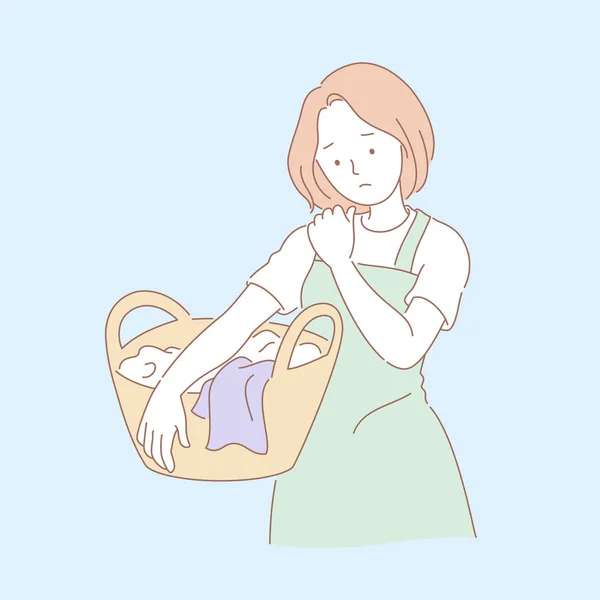 妇女做洗衣和遭受肩膀痛苦在线样式例证 — 图库矢量图片