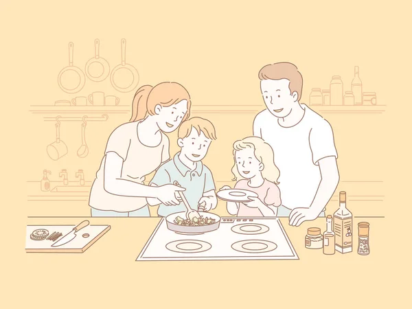 Aile Cookling Birlikte Çizgi Stili Çizimde Mutfakta — Stok Vektör
