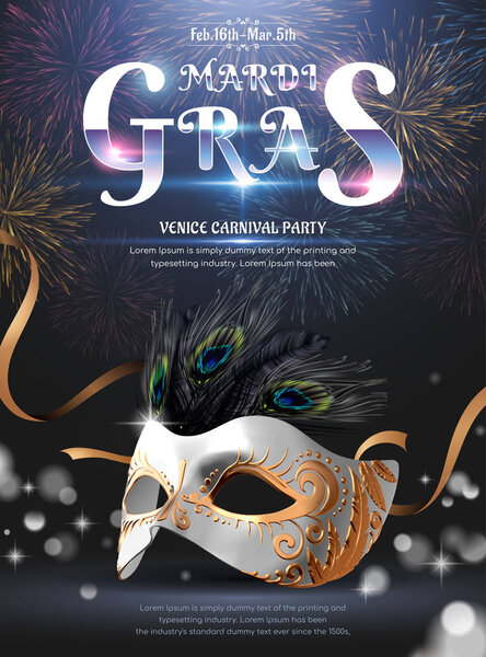 Mardi Gras Carnival Party Design Silver Mask Fireworks Background Illustration Royalty Free Stock Illustrations