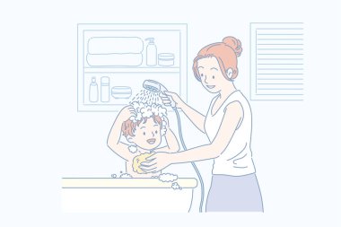 Anne küvette, oğlunun saç yıkama hattı sanat tarzı