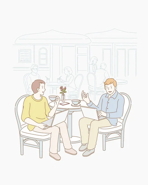 Deux Pigistes Parlent Travail Café Plein Air Dans Art Linéaire — Image vectorielle