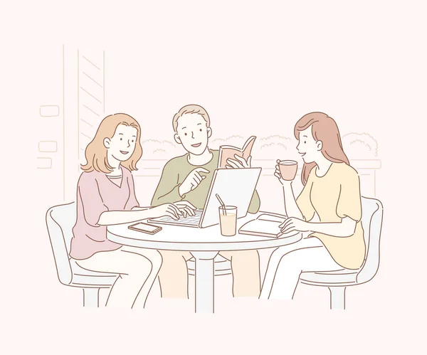 Friends Open Air Cafe Chatting Together Line Art — Stock Vector