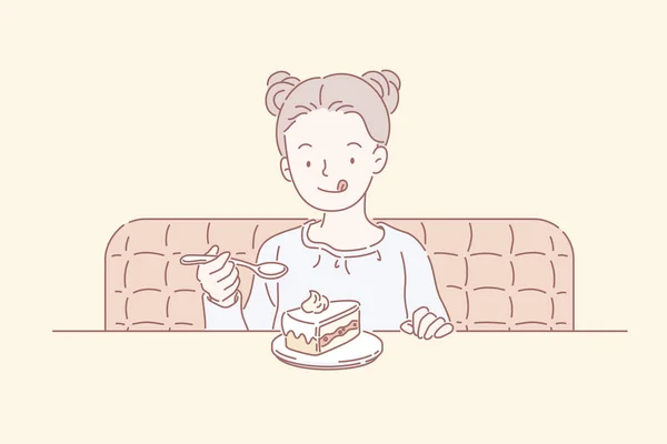 Χαριτωμένο Μικρό Κορίτσι Διπλό Κόμπο Επάνω Τρώγοντας Κέικ Στο Καφέ — Διανυσματικό Αρχείο