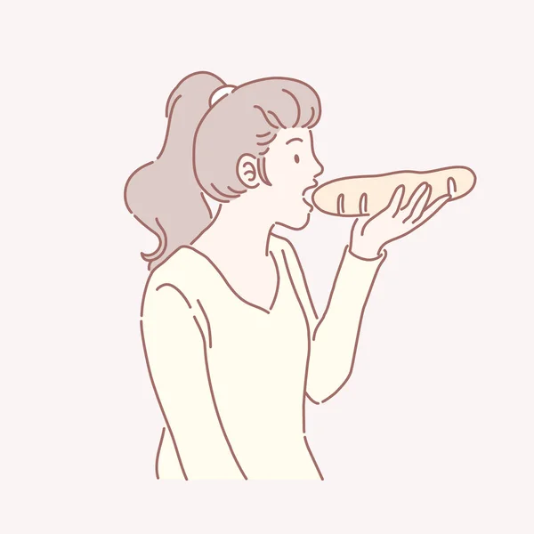 妇女与小马尾巴吃法国面包在线艺术 — 图库矢量图片