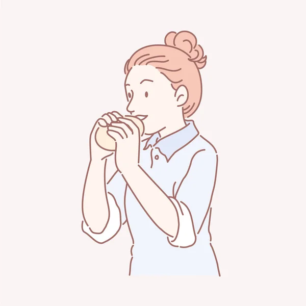 妇女与顶结吃面包在线艺术 — 图库矢量图片