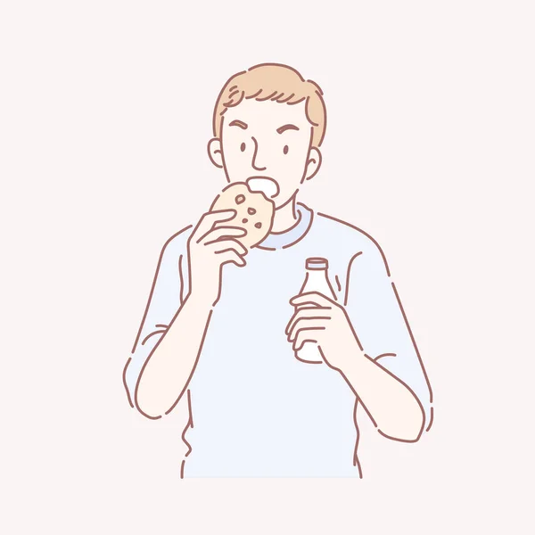 Чоловік Їсть Печиво Тримає Пляшку Молока Лінійному Мистецтві — стоковий вектор