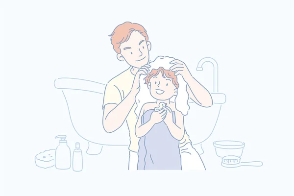 Man Drying His Son Hair Bathroom Line Art Style — Stock Vector