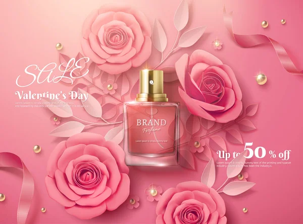 Valentine's day sale template with pink paper flowers and perfume product in 3d illustration, top view