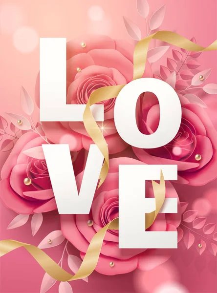 Affiche Saint Valentin Avec Fleurs Papier Rose Rubans Dorés Illustration — Image vectorielle