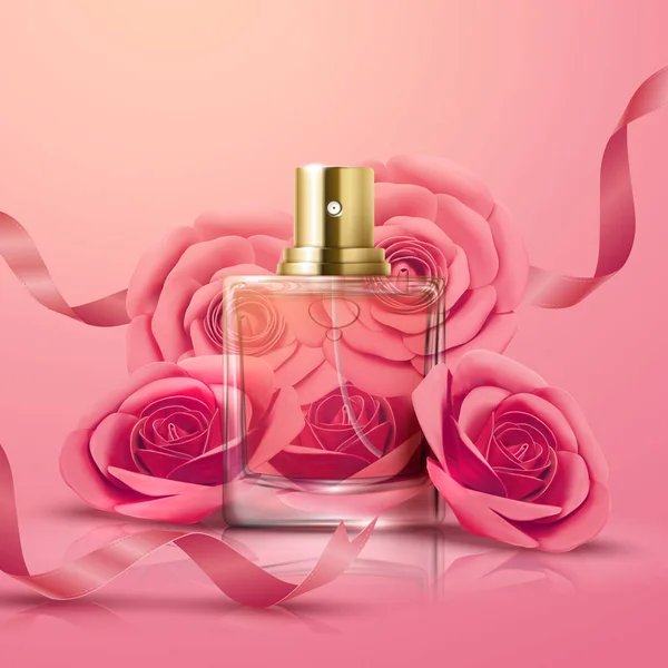 Красивые Духи Стеклянная Бутылка Розовые Розы Украшения Иллюстрации — стоковый вектор