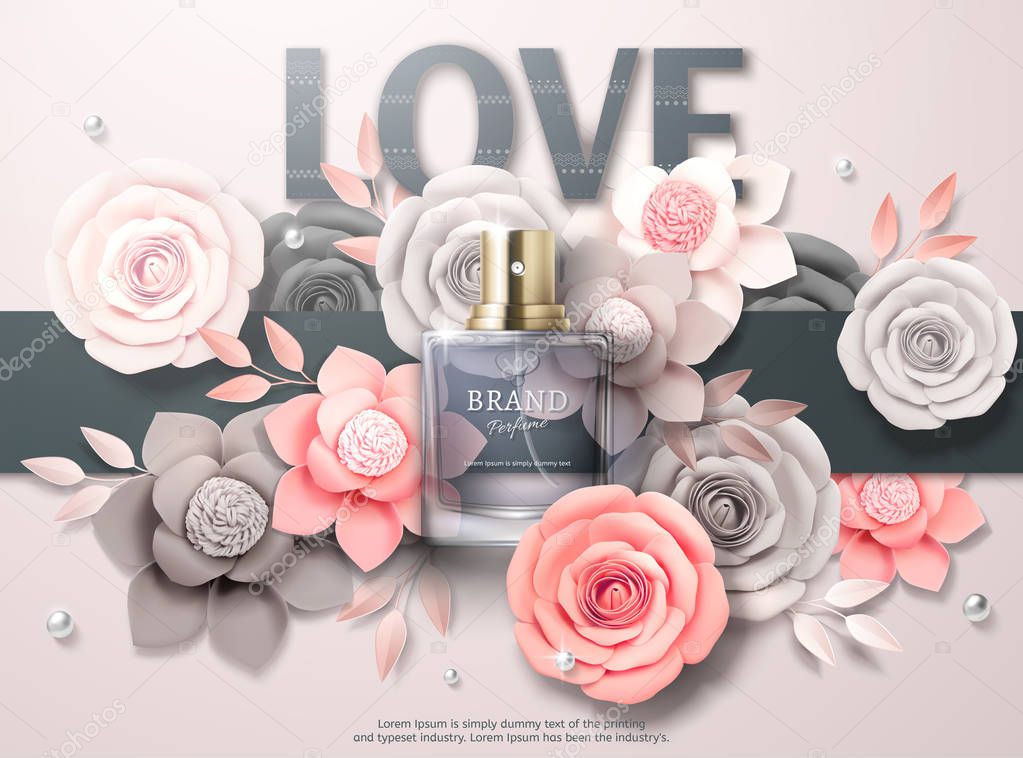 Beautiful perfume ads with light grey and pink paper flowers in 3d illustration