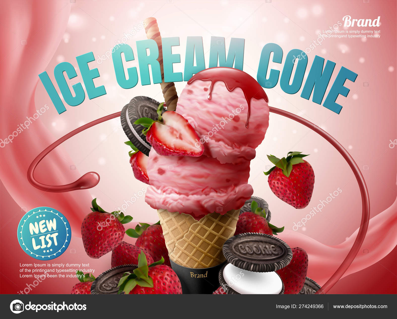 ストロベリー アイス クリーム コーン広告 ストックベクター ©RollingStonesStudio 274249366, image size:1600x1285