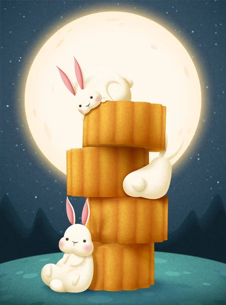 Середина осени лунный пирог и кролик — стоковый вектор