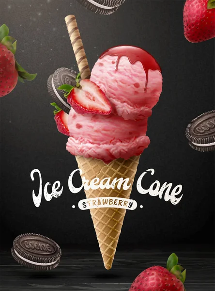 Publicité cône de crème glacée fraise — Image vectorielle