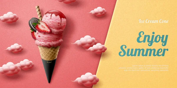Publicité cône de crème glacée fraise — Image vectorielle