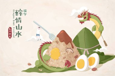Etrafında Çinli bir ejderhanın olduğu nefis zongzi ve çubukta asılı duran minyatür bir çocuk pirinç hamuru, Duanwu festivali selamları ve 5 Mayıs 'ta Mandarin metniyle yazılmış.