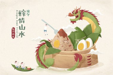Bambu buharlı lezzetli zongzi ve etrafında bir Çin ejderhası ve bambu yaprağındaki minyatür insanlar onlara doğru yaklaşıyor Duanwu festivali selamları ve 5 Mayıs 'ta Mandarin metninde yazılmış.