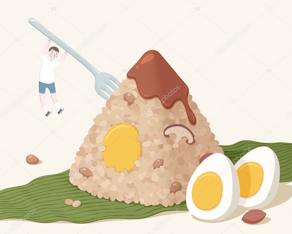 Miniature boy hanging on fork which is insert into delicious zongzi